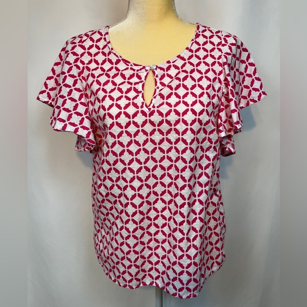 NWOT. Charter Club Pink and White Blouse with Ruffle Sleeves Small